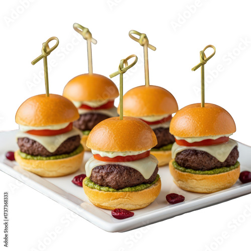 Delicious mini burgers with cheese and tomato on a white plate perfect for catering events on transparent background
