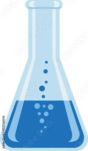 Blue liquid in erlenmeyer flask bubbling science experiment vector
