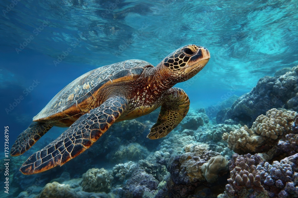 Fototapeta premium Green Turtle Maui. Underwater Diving Adventure with Sea Turtle on Maui's Coral Reef