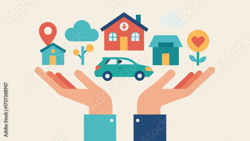 Hands holding icons representing community, healthcare, home, car, and environment in a flat vector style