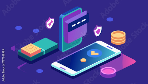 Digital payment concept with smartphone, credit card, cash, and coins in isometric style on dark background