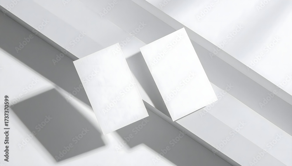 Fototapeta premium Minimalist Business Cards Floating Diagonally on Clean Modern Background with Sharp Shadows