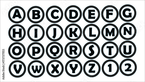 This image displays the English alphabet and numbers 1 and 2, arranged in four rows. Each character is enclosed within a black circle with a white outline. The letters progress from A to Z, followed b