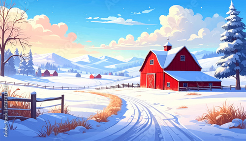 Red barn farm in snowy winter landscape
