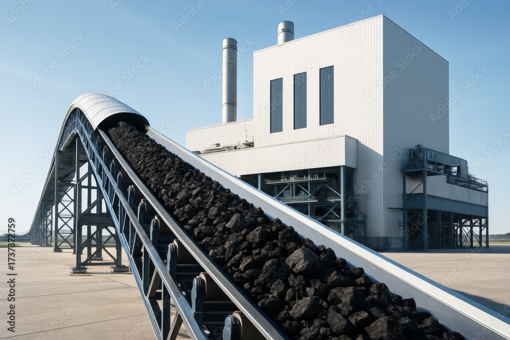 Naklejka premium Industrial coal conveyor system transporting black coal into a modern power plant under clear blue sky on sunny day background. Ai generative. Ai generative