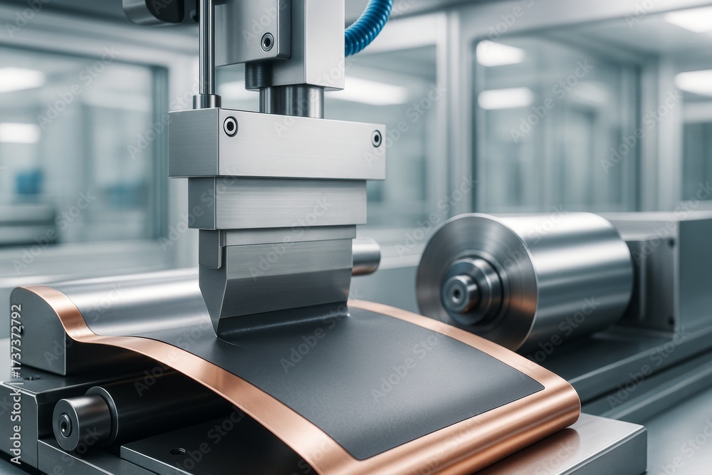 Naklejka premium Close-up of advanced industrial machine forming copper sheet in high-tech clean factory environment with soft light and modern background. Ai generative