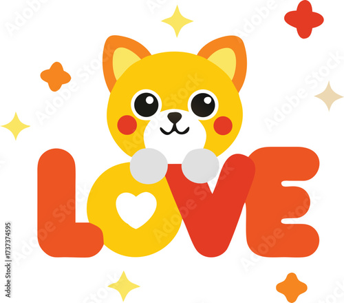 Adorable cartoon shiba inu dog peeking from behind the word love with a heart symbol and sparkling stars on a white background