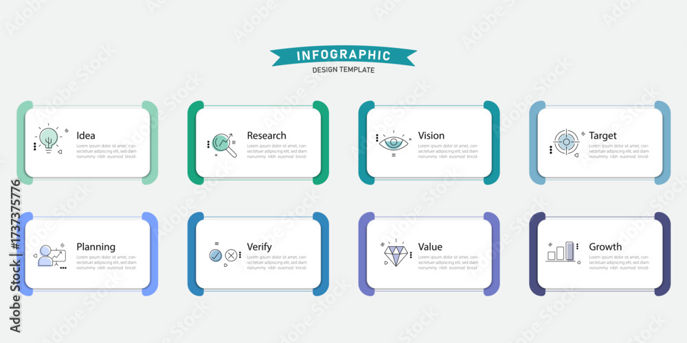 Fototapeta premium Timeline Creator infographic template. 8 Step timeline journey, calendar Flat simple infographics design template. presentation graph. Business concept with 8 options, gantt vector illustration.