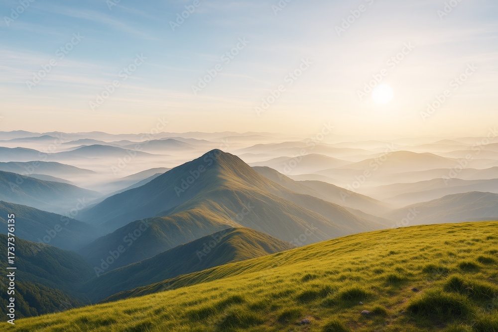 Fototapeta premium Peaceful sunrise over misty mountain landscape with green hills and layered ridges in soft morning light, scenic nature background.