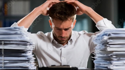 Overwhelmed at Desk: An individual, surrounded by piles of documents, expresses the weight of stress in a moment of struggle amidst a workspace. 