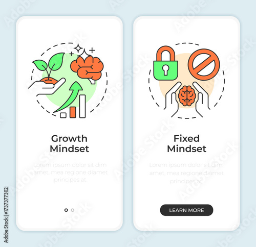 Self management skills onboarding mobile app screen. Mindset improvement. Walkthrough 2 steps editable graphic instructions with linear concepts. UI, UX, GUI. Montserrat SemiBold, Regular fonts used