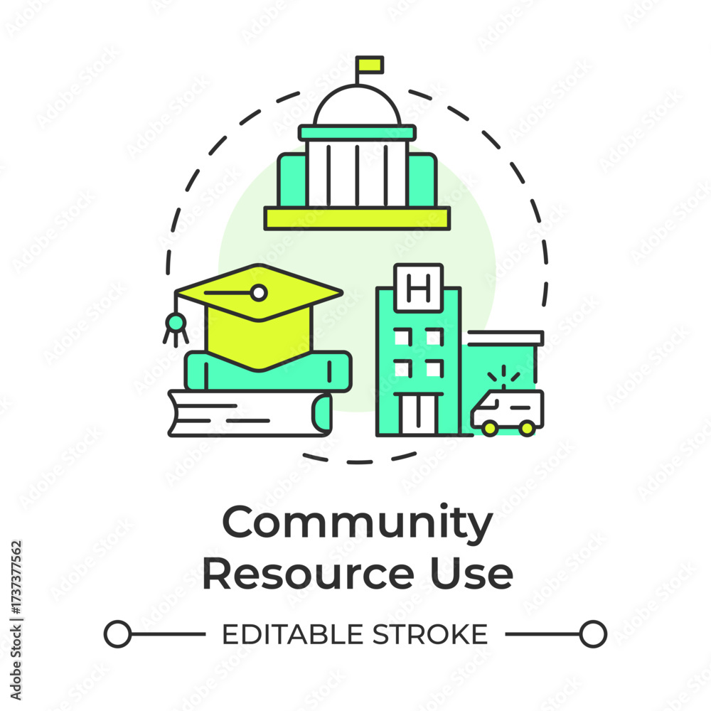 Naklejka premium Community resource use multi color concept icon. Visiting public facilities. Services for citizens. Life skill. Round shape line illustration. Abstract idea. Graphic design. Easy to use in article