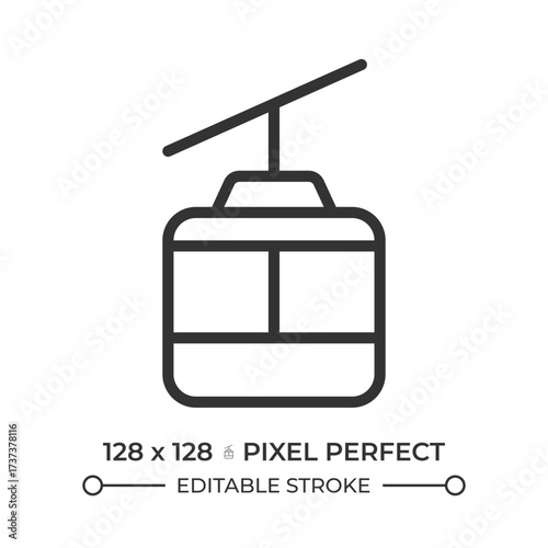 Cable car pixel perfect line icon. Riding gondola lift. Access to scenic viewpoints on mountains and attractions. Isolated vector illustration. Outline symbol. Simple linear drawing. Editable stroke