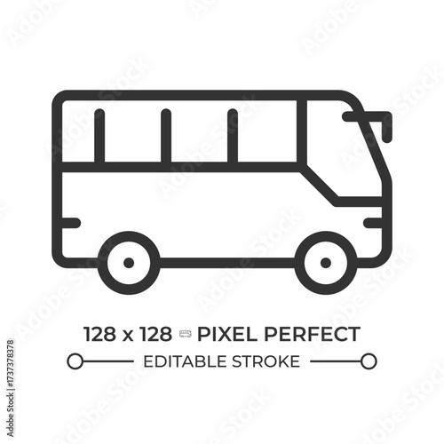 Bus pixel perfect line icon. Intercity coach. Airport shuttle vehicle. School transportation. Public transfer. Isolated vector illustration. Outline symbol. Simple linear drawing. Editable stroke