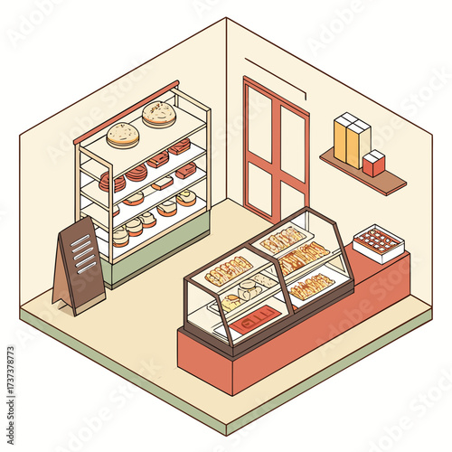 Vector art of isometric bakery shop with pastry display case, bread shelf, and menu board freshly baked goods in a cozy bakery interior