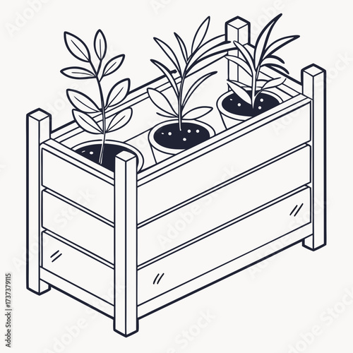 Illustration of a wooden planter box with plants, showcasing a charming arrangement of greenery, ideal for adding a touch of nature to any space, promoting a sense of tranquility