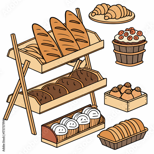 Illustration of a bakery display, showcasing a variety of freshly baked goods, including bread, croissants, muffins, and pastries, arranged on wooden shelves