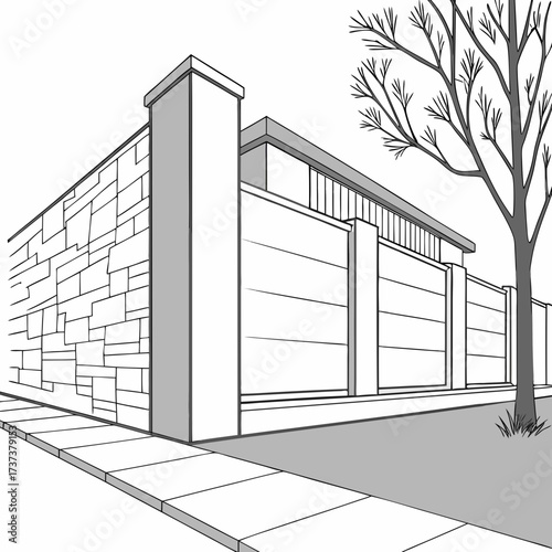 Vector art of a perspective view of a modern fence and sidewalk, , showcasing architectural design and urban landscape elements in a clean, minimalist line drawing