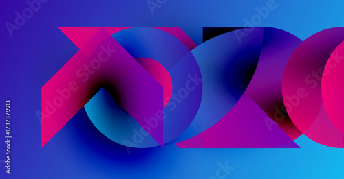 Abstract composition featuring overlapping translucent shapes. Vivid blues, purples, pinks create dynamic visual effect. Modern design.