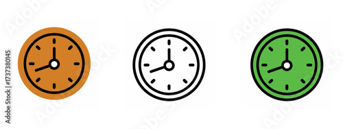 Set of colorful clock vector icons showing 9 o’clock time. Modern flat style wall clock illustrations in orange, black and green variations. Perfect for time management, schedule, deadline, reminPrint
