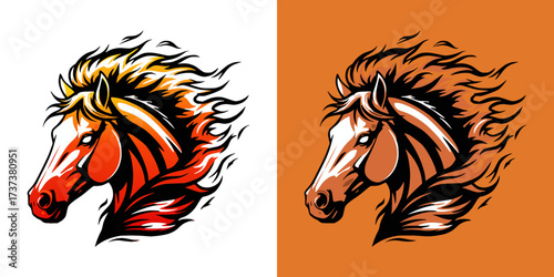 Stylized horse head illustrations in vibrant colors, isolated vector image, two design options on transparent and orange backgrounds, fiery horse, 2026, design for a postcard, print for a T-shirt
