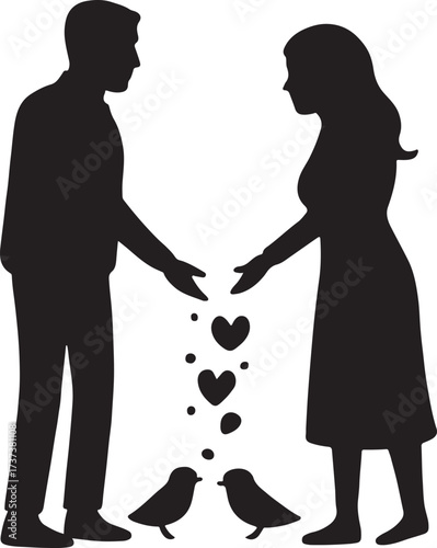 Romantic couple feeding birds with heart symbols, representing love, care, and affectionate moments.