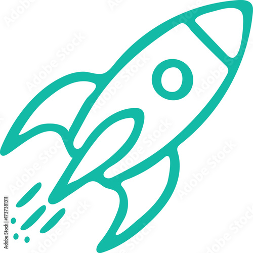 Stylized Teal Rocket Illustration Ascending Quickly With Propulsion Leaving Behind, Expressing Technology Innovation and Business Growth