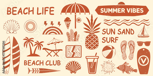 Retro summer beach life and vacation vibes with tropical elements and beach accessories
