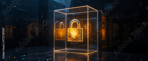 Dark gradient wall on left side, glowing central gold gradient metal 4d lock in glass cube, subtle shimmering reflections, abstract cyber style,