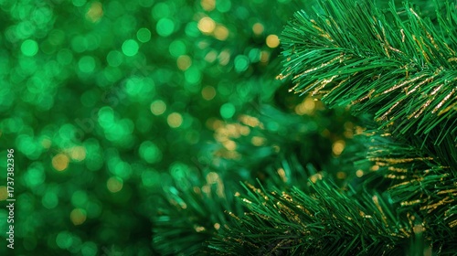 Christmas tree branch with golden accents, against green bokeh lights background, close - up view, copy space