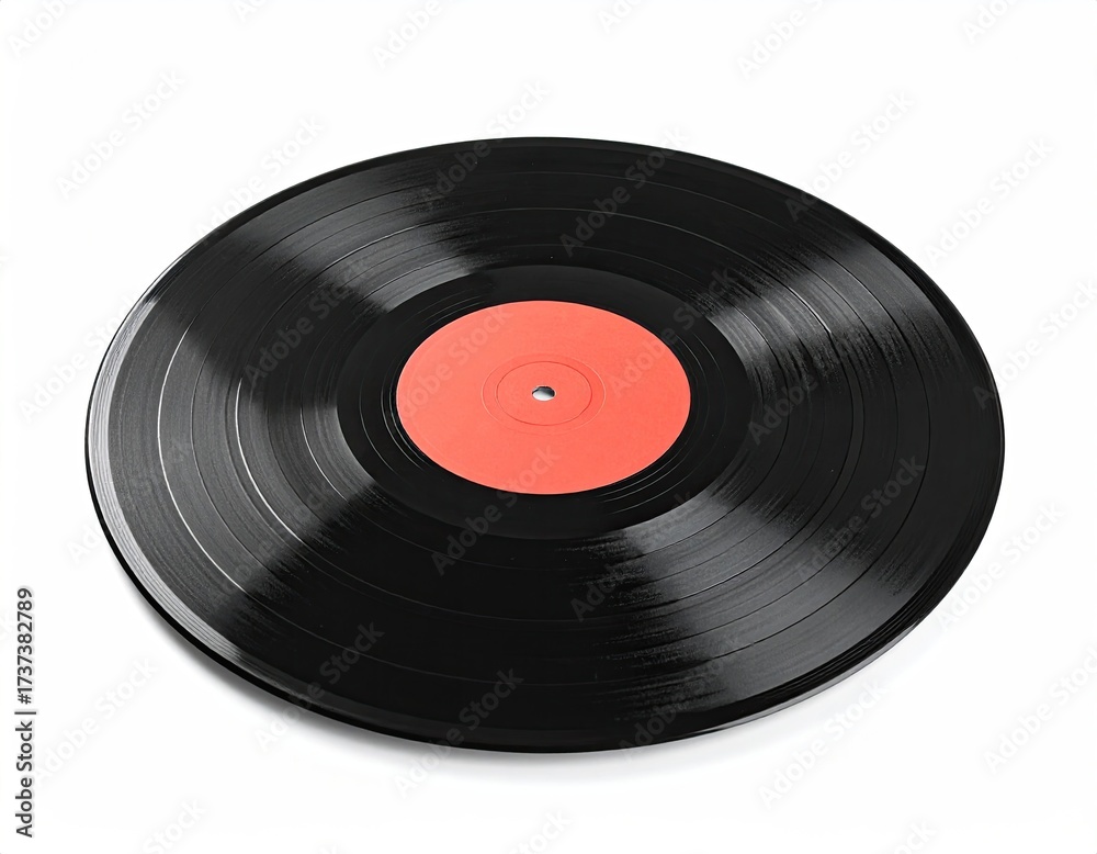 Fototapeta premium Close-up of a shiny black vinyl record with a coral-colored label on white