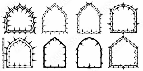 Collection of gothic arch frames with spiky thorn borders and decorative elements