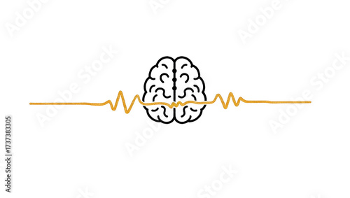 Alpha wave A minimalist line drawing of a brain, with a single flowing gold alpha wave running through the center, the entire image cleanly isolated on a pure white(3)