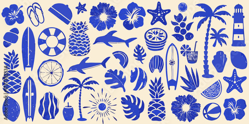 Collection of blue tropical summer vacation icons and elements on a beige background