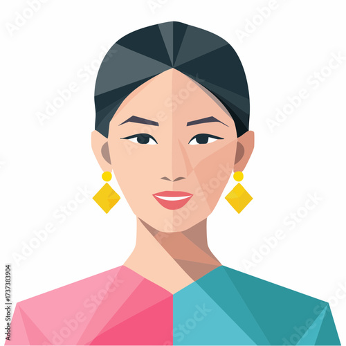 Asian Woman Face Split Pink Blue Geometric Style.