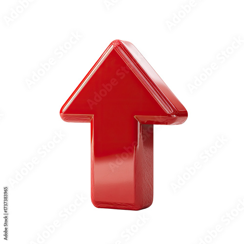 A vibrant, glossy, red arrow pointing upwards, rendered in three dimensions with a slight bevel