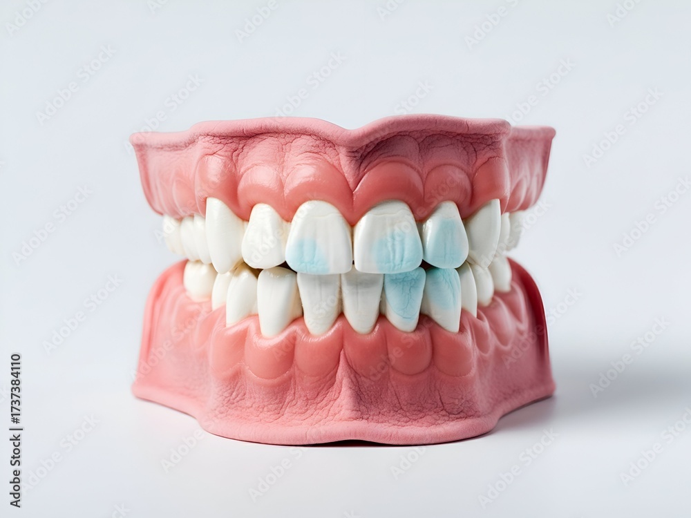 Obraz premium Jaw model with teeth demonstrating plaque removal on a clear white backdrop for dental hygiene