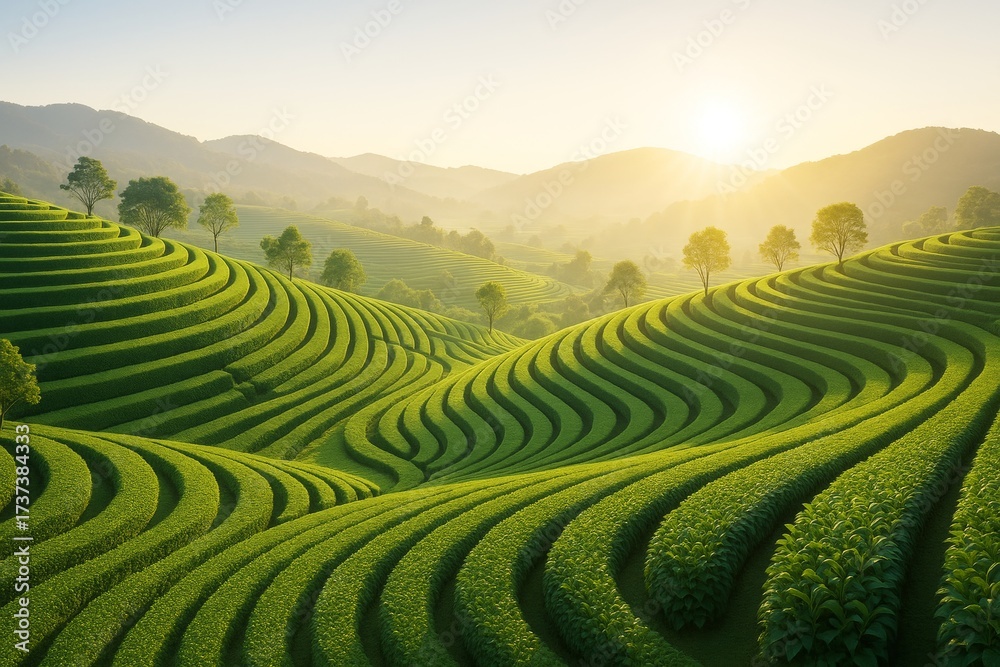 Fototapeta premium Lush green terraced fields with plants under warm sunlight in rolling hills landscape background, captured in a creative natural light style. Ai generative