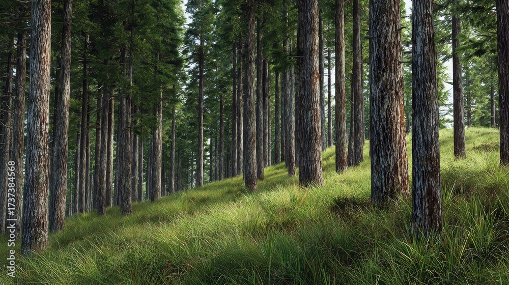 Fototapeta premium Forrest Timber. Pine Tree Wood in Conifer Landscape Uphill
