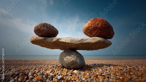 Fulcrum. Concept of Equilibrium with Balanced Stones on the Cobbled Coast