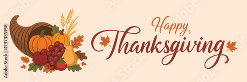 Happy Thanksgiving Banner. Happy Thanksgiving Day Banner with cornucopia, pumpkins, fruits, and autumn leaves on beige background. Vector illustration.