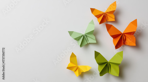 Colorful origami butterflies in various shades, arranged artistically on a light background, showcasing creativity and craftsmanship.
