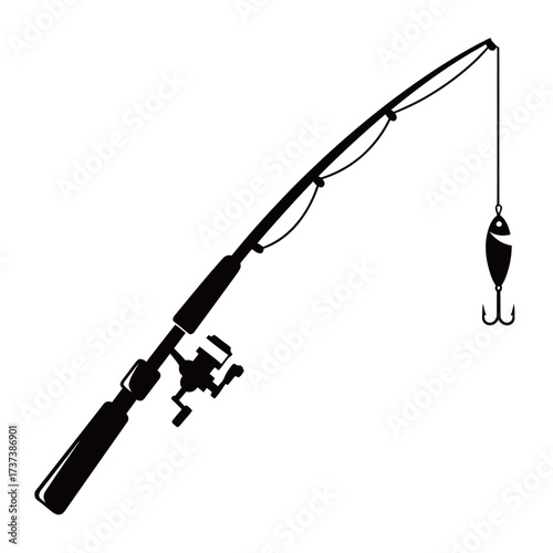 black and white silhouette of a Fishing Rod or Pole vector on a white background