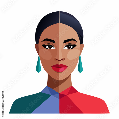 Abstract portrait of a person with colorful makeup and clothing.
