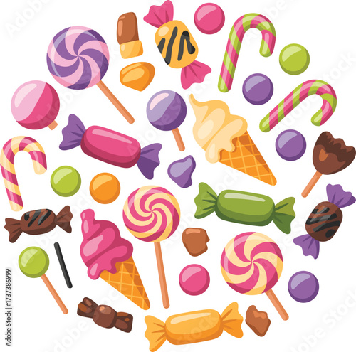 Assortment of Colorful Candies and Sweets in a Circle candy lollipop