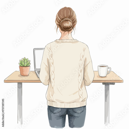 Watercolor Office and Work from Home Scenes – People Working at Desks, Minimalist White Background
