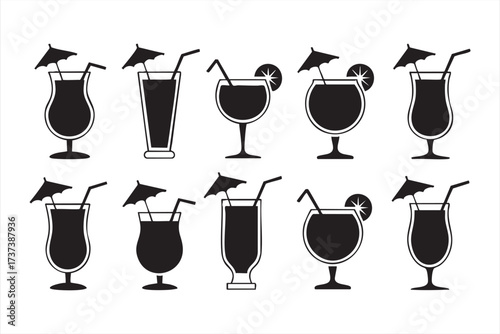 Black and White Exotic Beverage Vector Collection for Bar and Party Graphics
