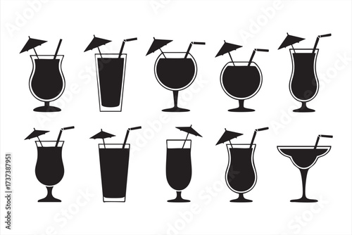 Tropical Cocktail Drink Icon Set with Umbrella and Straw for Summer Design