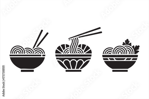 Minimalist Noodle Bowl Icon Set with Chopsticks for Asian Food Design