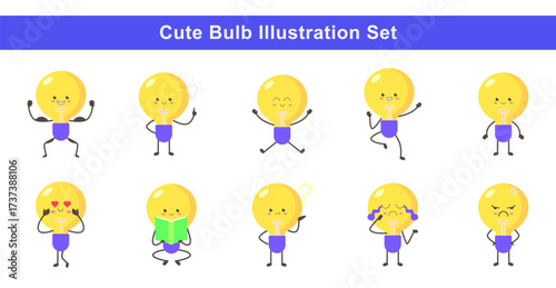 Cute Light Bulb Cartoon Character Set with Emotions